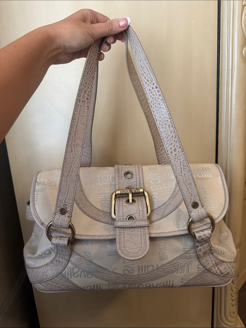 Just Cavalli Beige Shoulder Bag with Buckle Accent